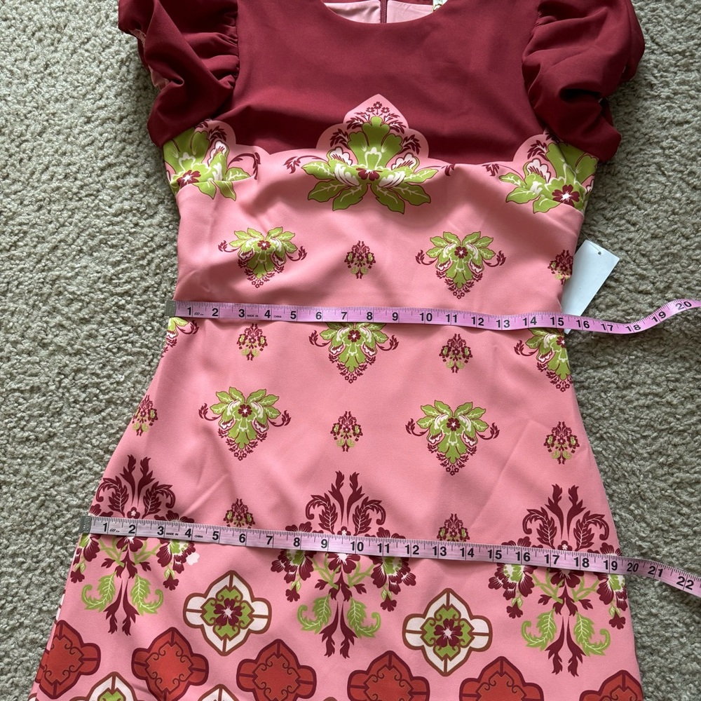 Mestiza New York Perla Flamingo Flourish Midi Dress Sz 8 Crew Neck Puff Sleeve - Picture 12 of 15